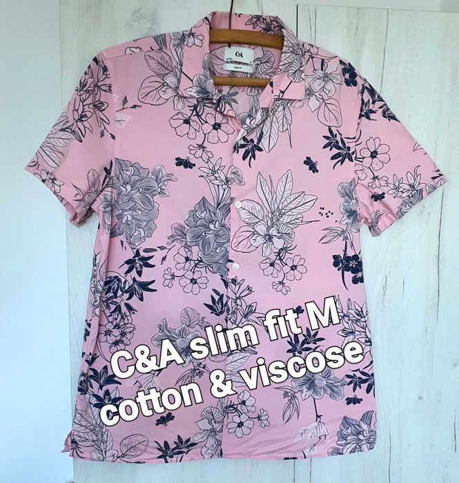 C&A M cămașă bărbat florală roz cu gri slim fit vâscoză bumbac vară casual modern