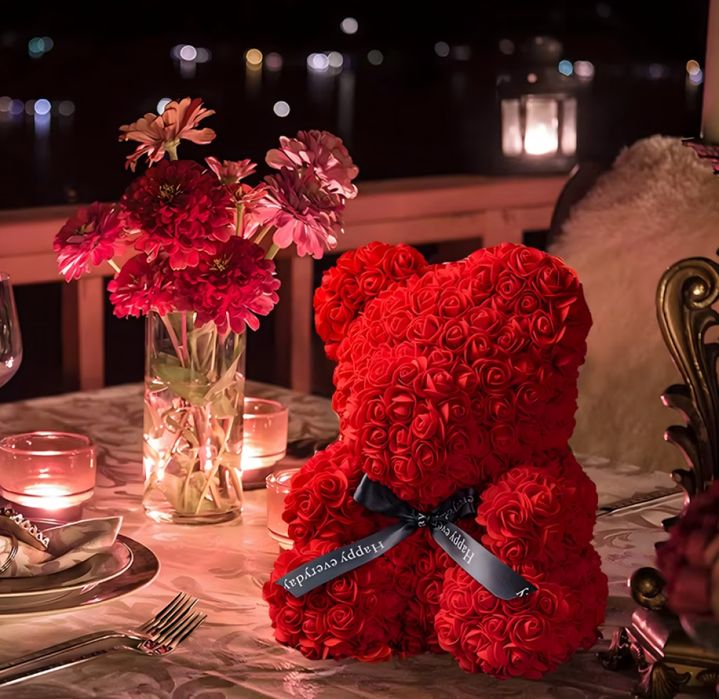 ХИТ!Плюшено мече с  LED рози-комплект вечни рози 25 см