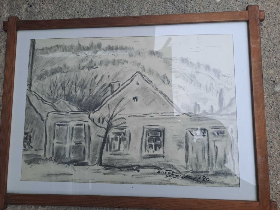 tablou desen in carbune 38/51 cm semnat Anton Klecka 1980