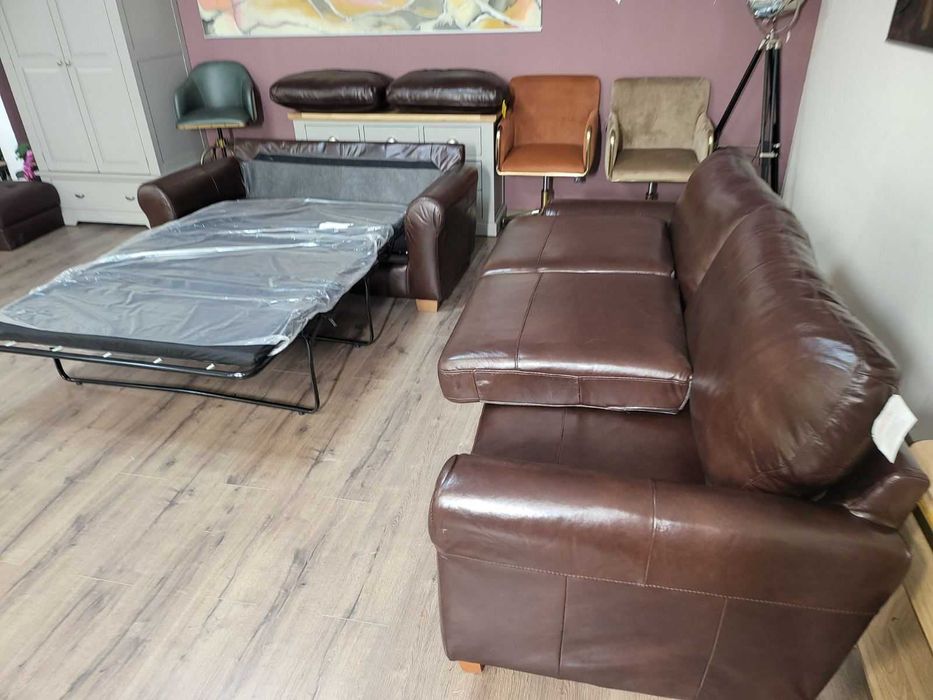 Кафяв кожен комплект дивани четворка и двойка с функция сън