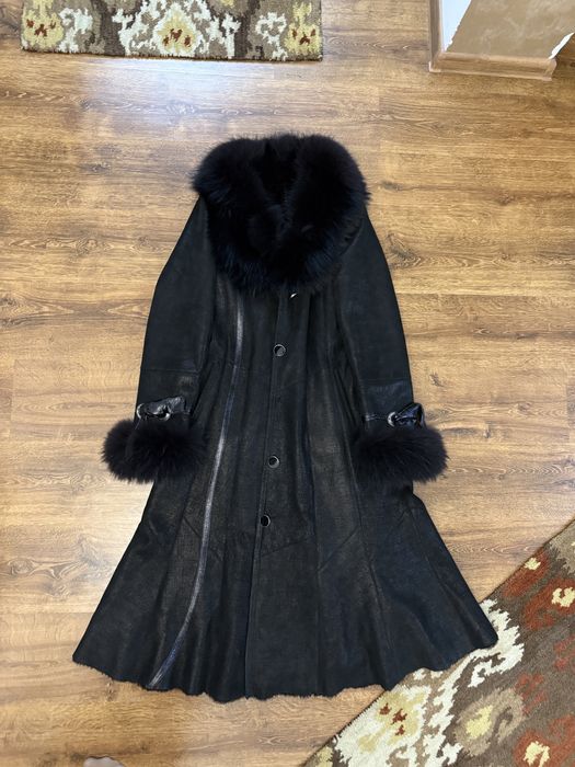 Cojoc lung de piele de miel cu blana de vulpe, negru