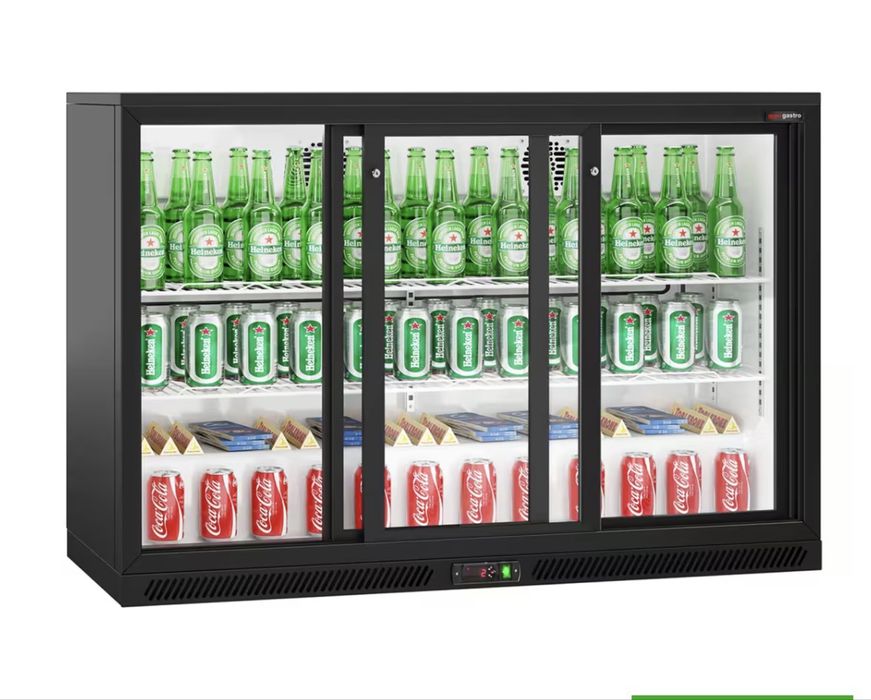 Frigider pentru bar – 1350 mm – 320 litri – cu 3 uși glisante din sticlă – negru