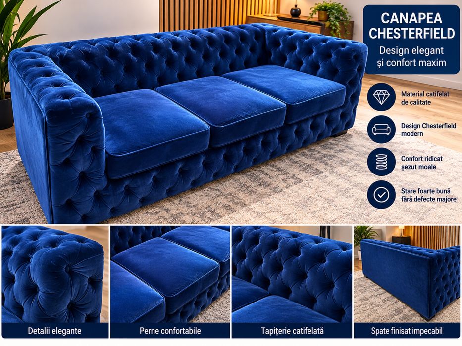 Canapea Chesterfield 3 locuri, catifea albastru regal, elegantă