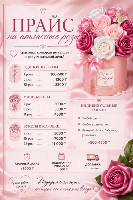 Атласные розы на заказ