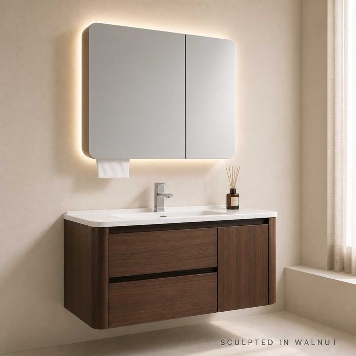 Луксозен шкаф за баня от водоустойчиво инженерно дърво 2801 (Walnut Balance) със заоблен дизайн и смарт огледало
