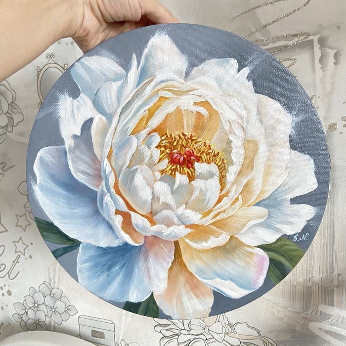 Картина маслом “Белый пион”