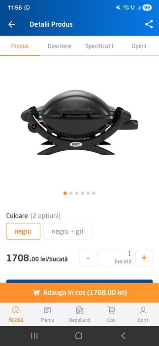 Gratar pe gaz, Weber Q1000, 1 arzator, 2.49 kW, otel, negru, 43 x 32 c