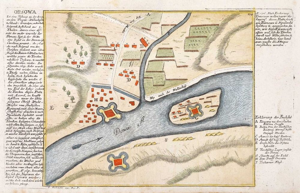 Vedută "Orșova", ilustrând și insula Ada Kaleh" 1720