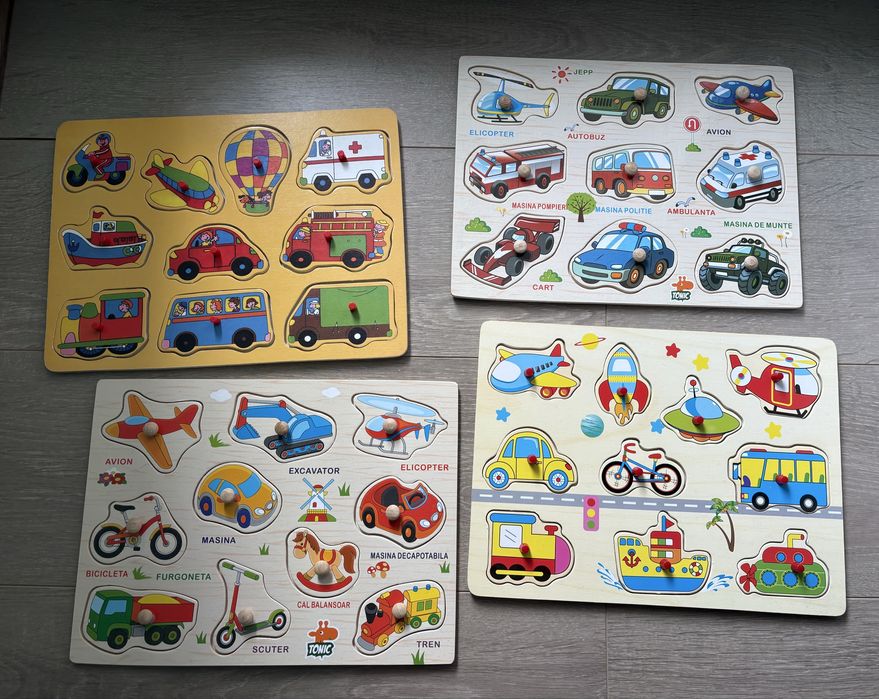 Puzzeluri din lemn cu fructe,animale,autovehicule