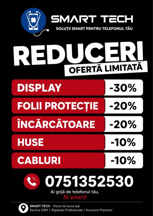 Smart Tech Iasi l Service GSM Iasi | Reparatii iPhone, Samsung, Xiaomi, Huawei | Schimb Display | Schimb Baterie | Reducere 20%