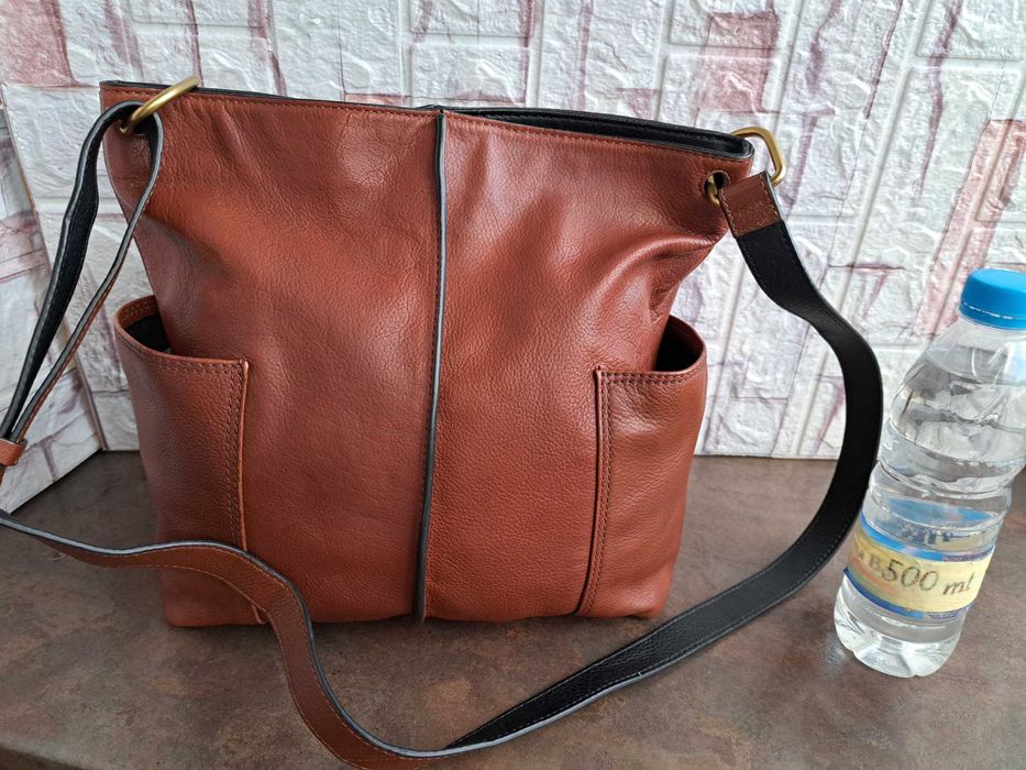 дамска чанта Fossil,кафява кожена  торба-естествена кожа