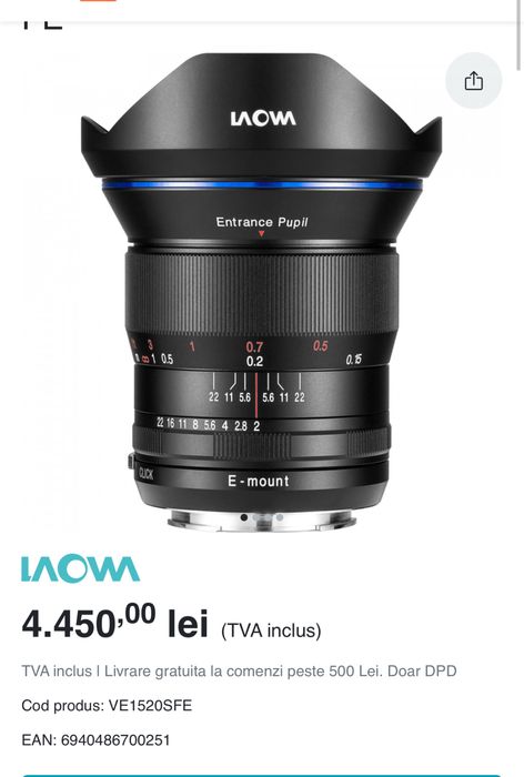 Obiectiv Venus Laowa 15mm  f/2 FE Zero-D