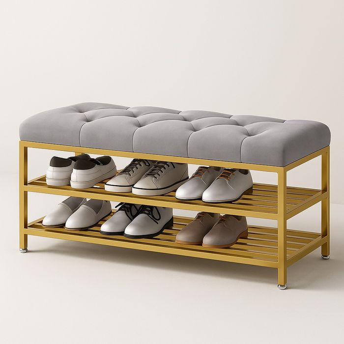 Обувница-скамья с мягким сиденьем и золотым каркасом
