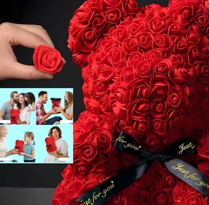 ХИТ!Плюшено мече с  LED рози-комплект вечни рози 25 см