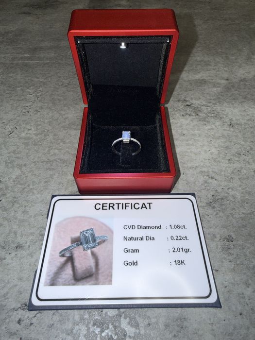Inel logodnă aur 18K – diamant CVD 1.08 ct + diamante naturale 0.22 ct