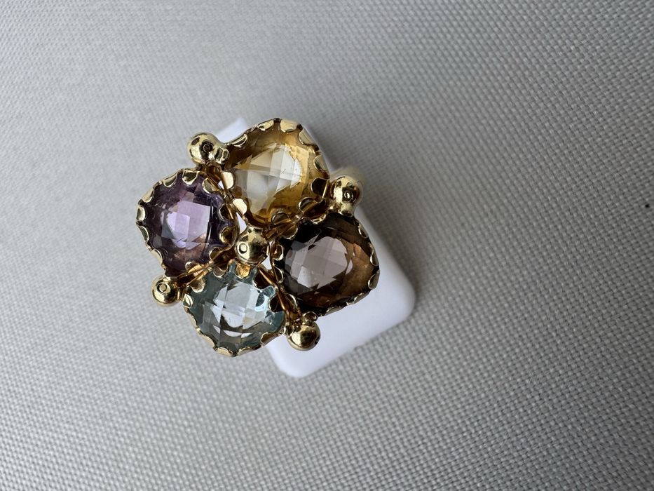 Inel din aur si pietre: acvamarin, ametist, citrin si cuart fumuriu