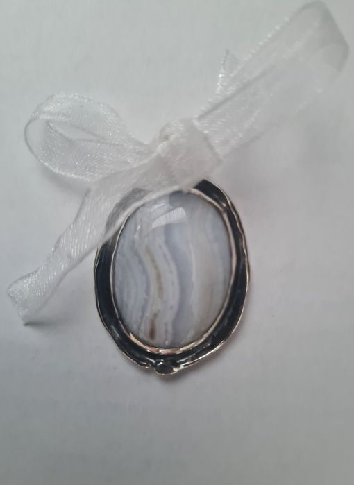 Авторски сребърни бижута комплект, естествен камък халцедон синя данте