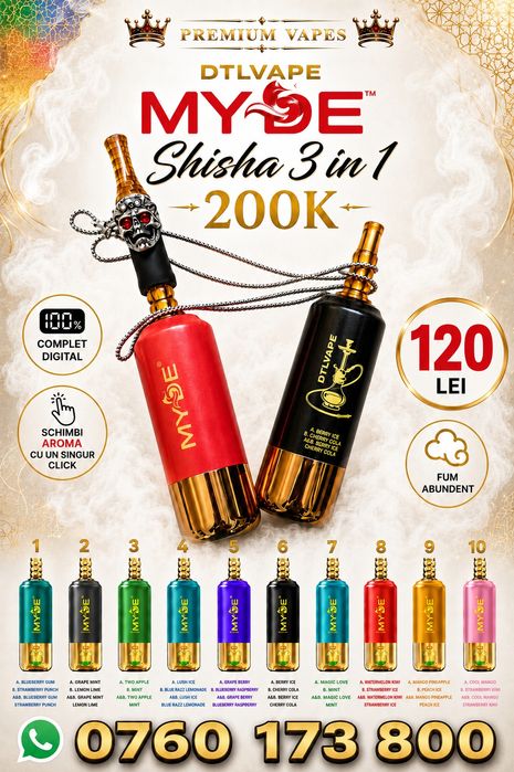 Myde SHISHA 3 in 1 200k- Vape tip țigară electronică COMPLET GIGITAL, 3 arome într-un singur dispozitiv