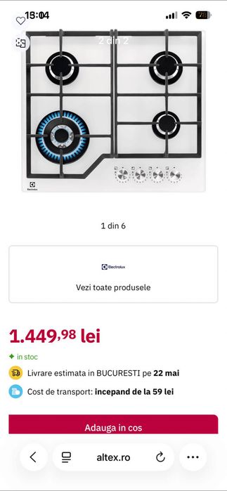 Vând plită incorporabila ELECTROLUX GG64362W, Gaz, 4 tarzatoare, Wok, sticla, alb