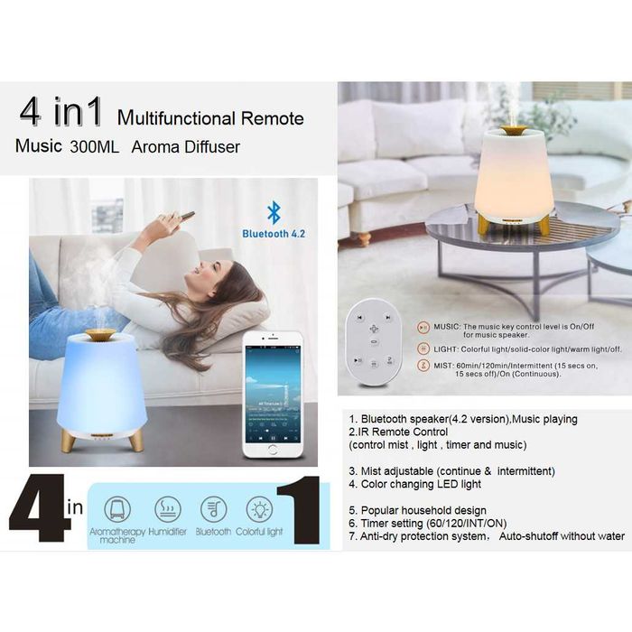 Арома дифузер STELS, 300 мл, Ултразвуков, 7 LED цвята, Bluetooth