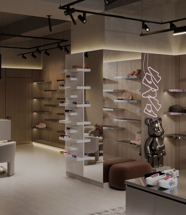 Дизайн интерьер магазин одежды  кроссовок минимализм