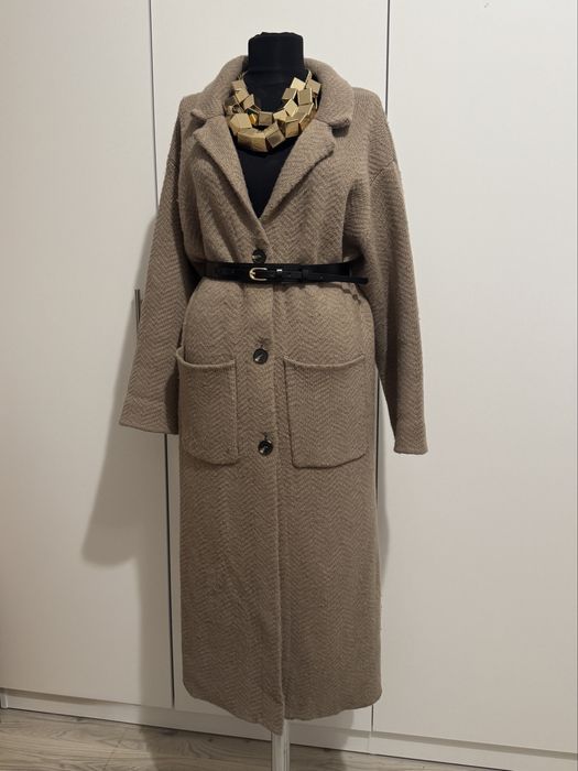 Pardesiu / palton midi tricotat bej taupe mix de lana Zara marimea XS