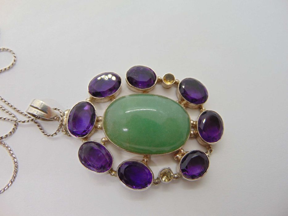 Lant si pandantiv mare din argint cu jad, ametist si citrin