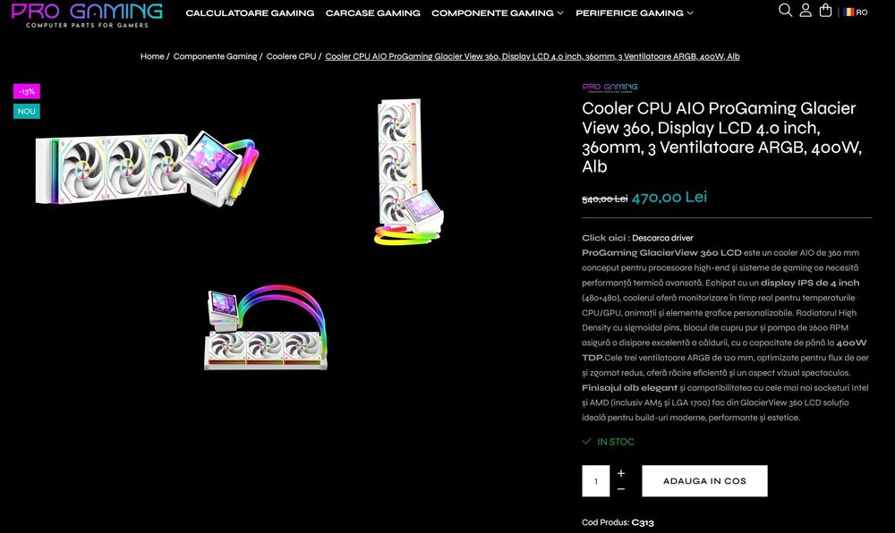Cooler AIO 360 ProGaming Glacier View LCD 4 inch – Alb sau Negru