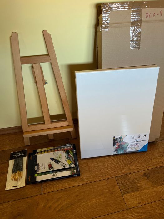 Set pictura: 2x panze, pensule, culori acrylice, suport tablou