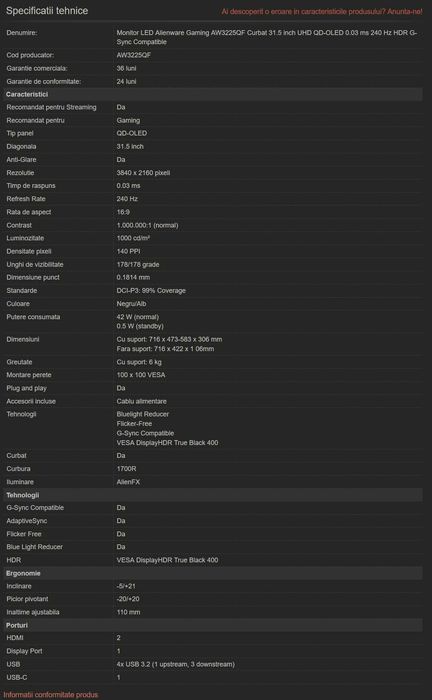 Monitor Gaming QD-OLED Alienware AW3225QF 31.5" 4K 240Hz 0.03 ms