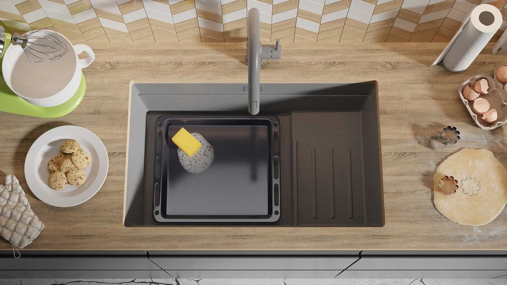 Сива гранитна мивка за монтаж под плот Прага 80 Step Level 560 x 470