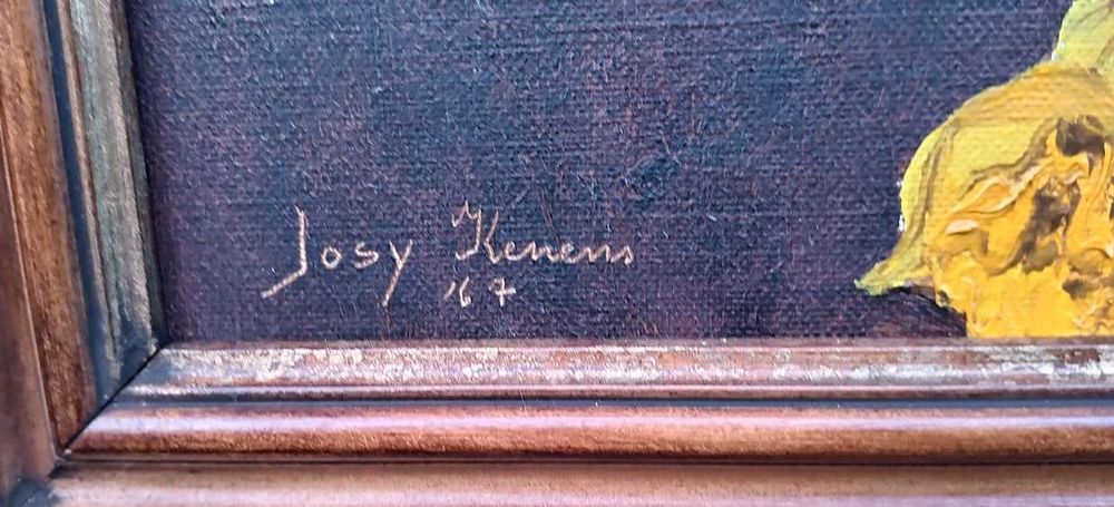 Tablou vechi - narcise in cana - semnat si datat Josy Kenens `67