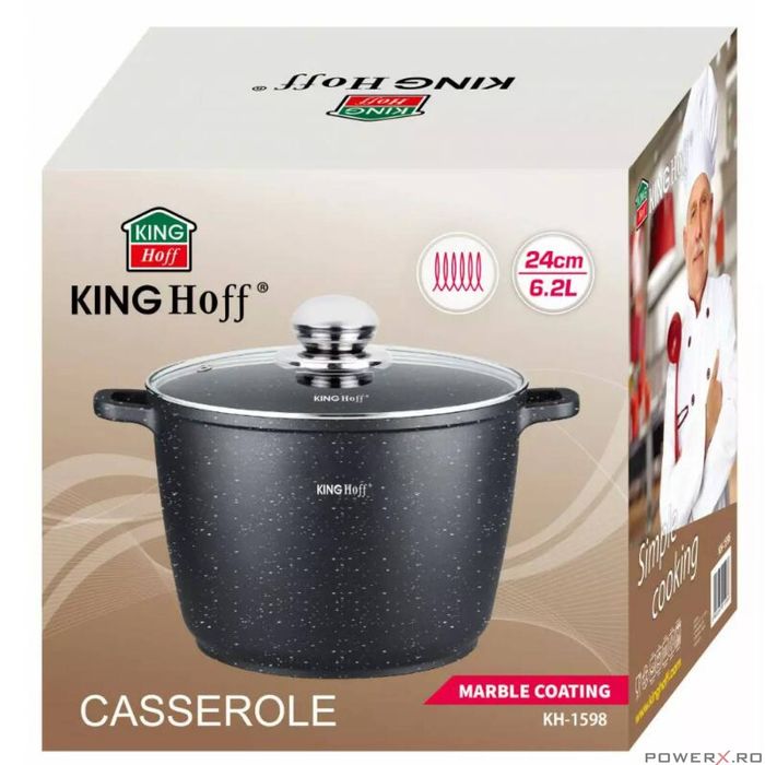 Oala din aluminiu turnat, cu strat marmorat, cu capac din sticla, 24