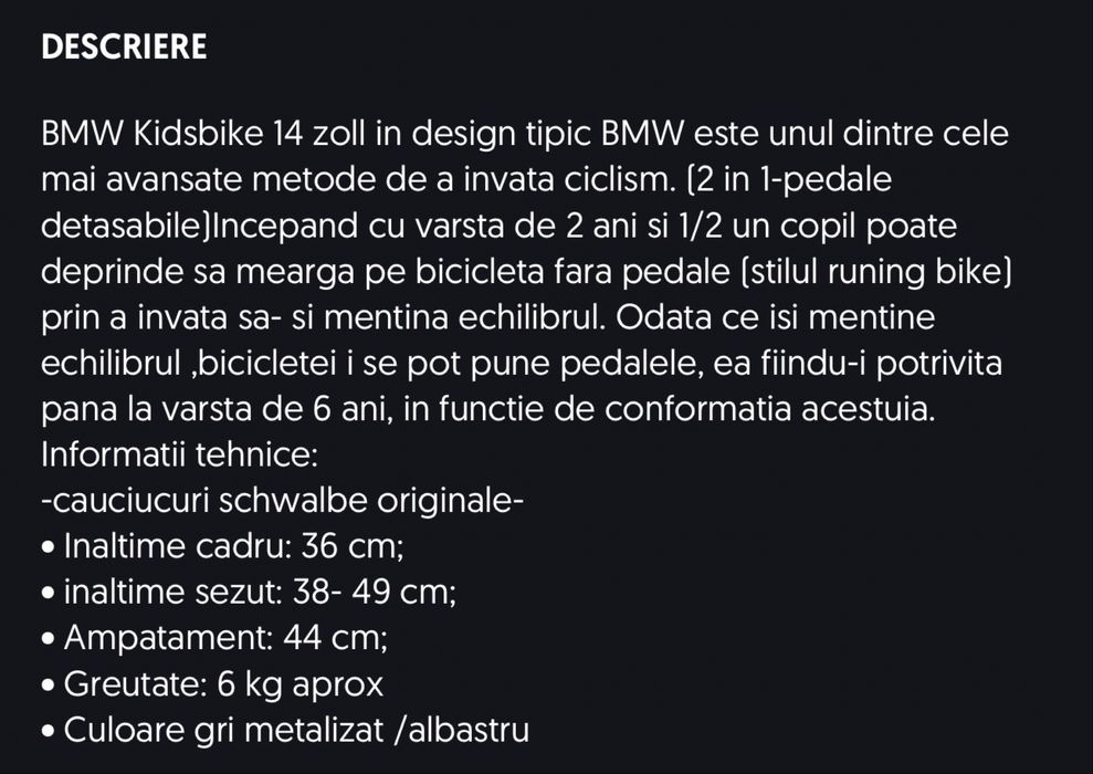 Bicicleta bmw pr copii, in stare buna,cu urme de folosire