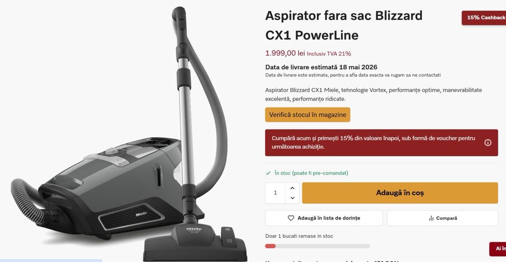 Aspirator fara sac Miele Blizzard CX1 PowerLine