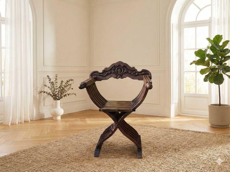 Scaun Savonarola Jilț Sculptat din Lemn Masiv stil Italian Vintage