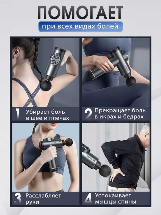Перкуссионный массажер KONKA с дисплеем, 99 скоростей, 8 насадок.
