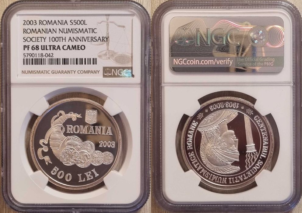 Moneda BNR 500 lei argint Societatea Numismatica gradata NGC PF 68