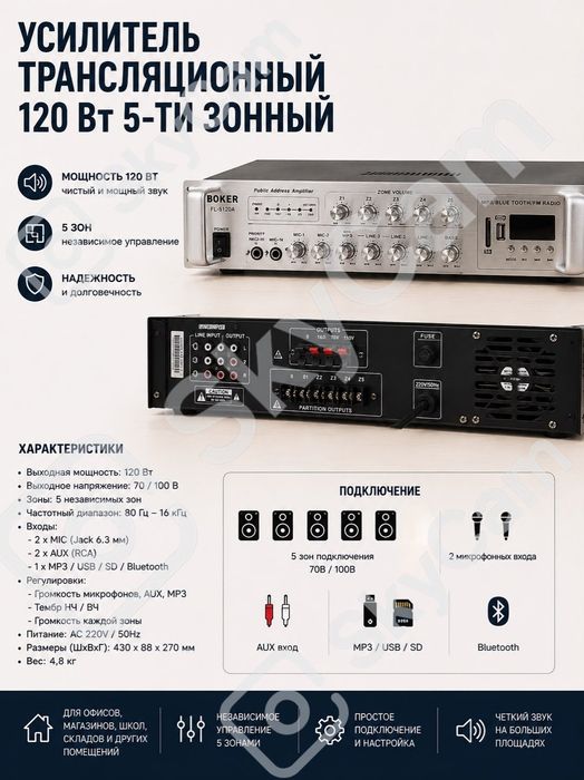 Трансляционный усилитель FL-5120A 120 Вт |Bluetooth | USB | SD | 5 зон