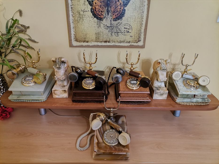 Нощна лампа Старинен ретро домашен телефон от бронз, мрамор и дърво