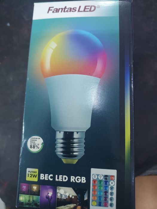 Bec Led Rgb cu Telecomanda 12w, unghi 240grade, soclu E27, 60x119mm ...