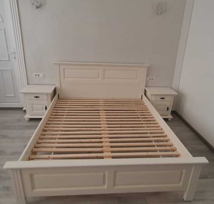 Set pat Seby 160x200 cm + 2 noptiere Seby, lemn masiv, alb