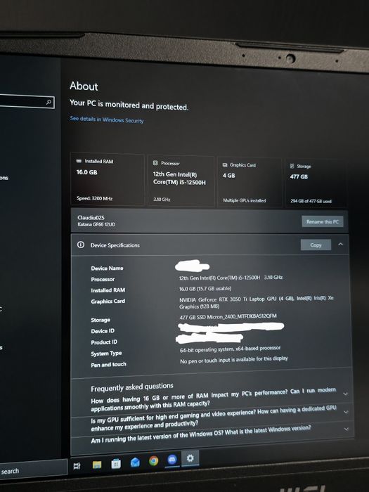 Laptop MSI KATANA GF66 RTX3050TI I512500H