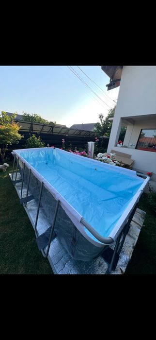 Piscina dreptunghiulara Bestway, Steel Pro MAX cu pompa si scara, cadru metalic, aspect marmura gri, 404 x 201 x 100 cm