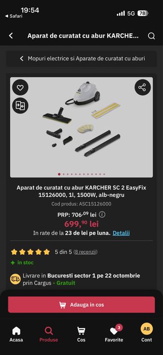 Aparat de curățat cu abur Kärcher SC 2 EasyFix – cu cutie si 2 lavete originale