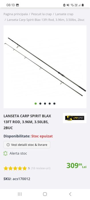 Set crap distanta 3x: okuma cb 80/ carp spirit blax  3.90m 3 5lb 2buc