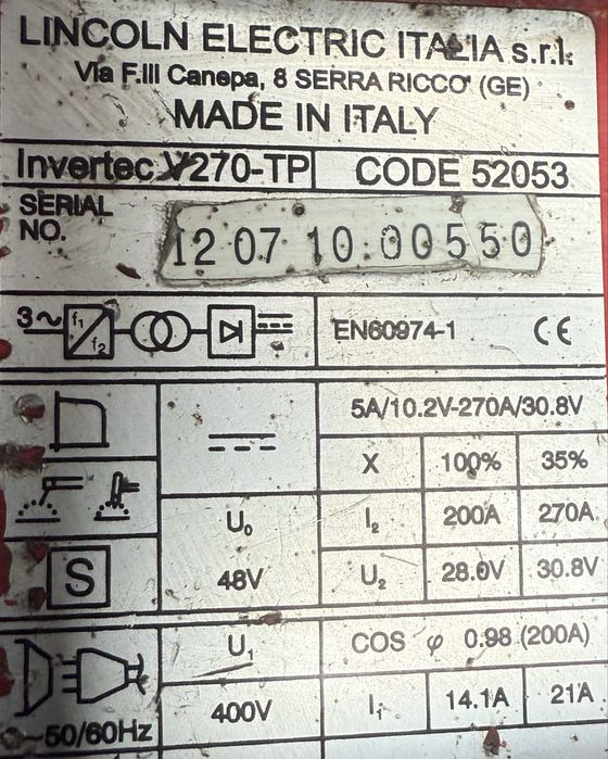 Aparat de sudura TIG AC / DC - MMA Lincoln Invertec V270-TP cu racire