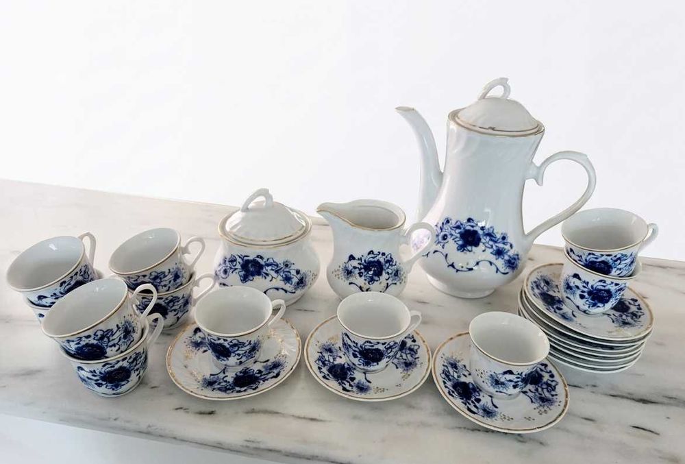 Set complet cesti porțelan IRIS Cluj – Cobalt Veritabil & Aur – 23 Piese