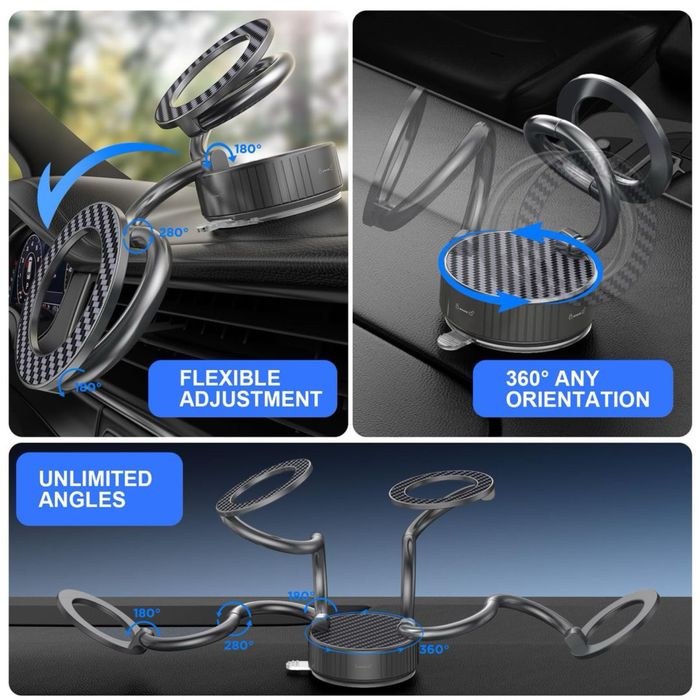 Suport magnetic auto telefon, ventuză 360°, braț reglabil, carbon