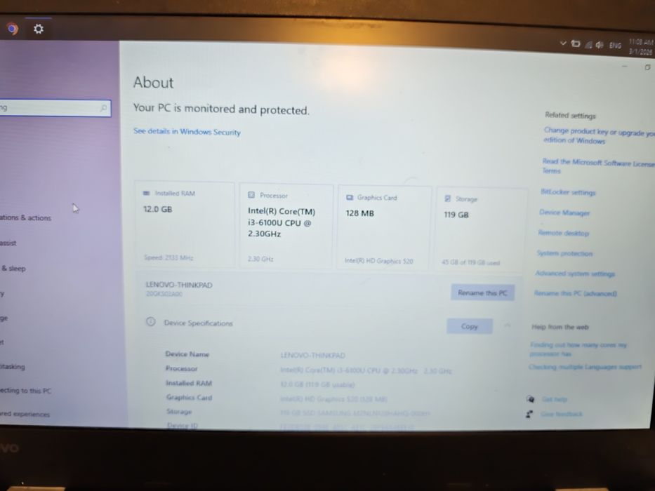 Lenovo 13,3, I3 6100u, 12 gb ram